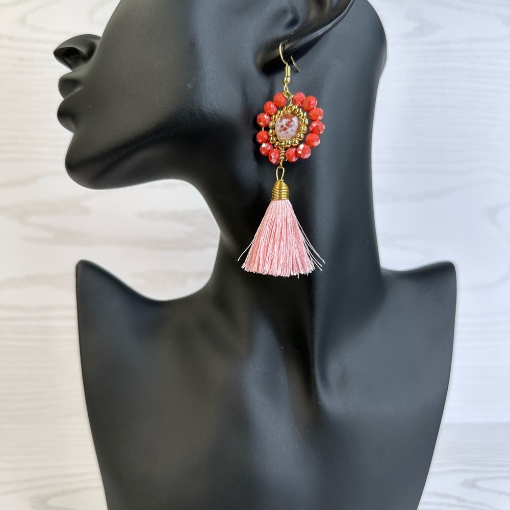 Handmade NEW Elegant‎ Pink and gold Tassel Earrings 14k gold platted